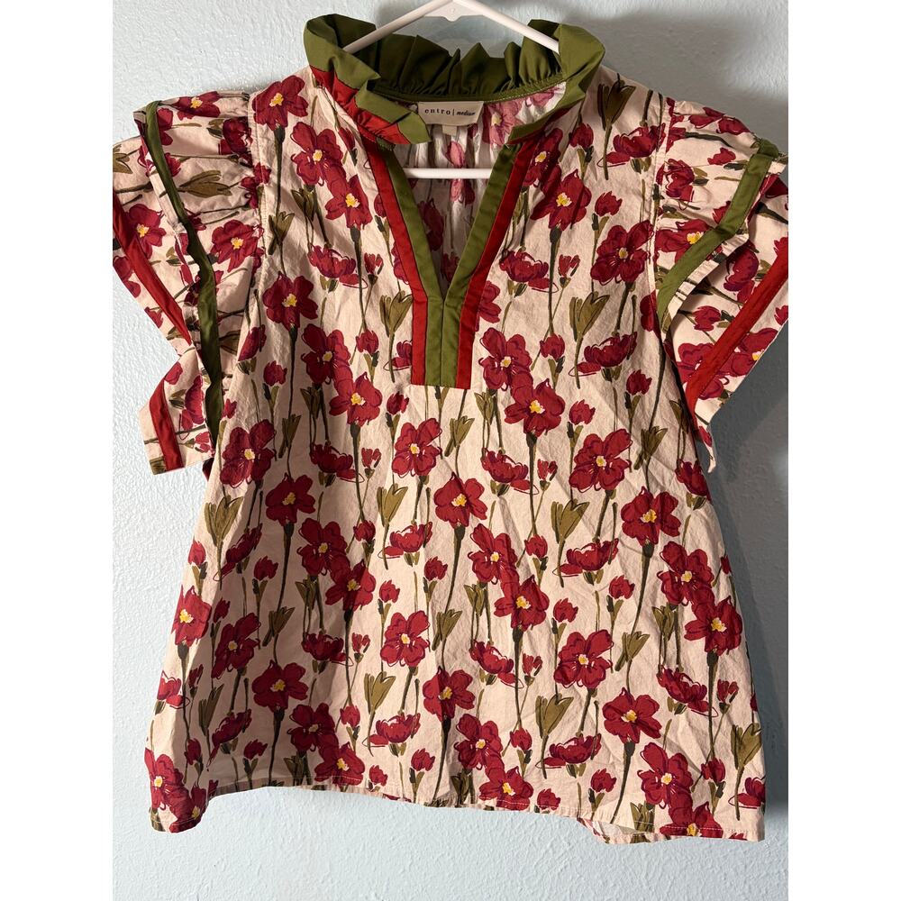 Entro Floral Ruffle Neck Blouse Medium Cottagecore Boho Puff sleeve Cotton Top